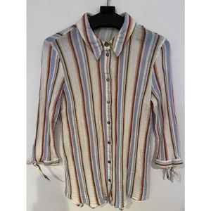 Soft Surroundings White Blue Striped Button Up Shirt Size Medium